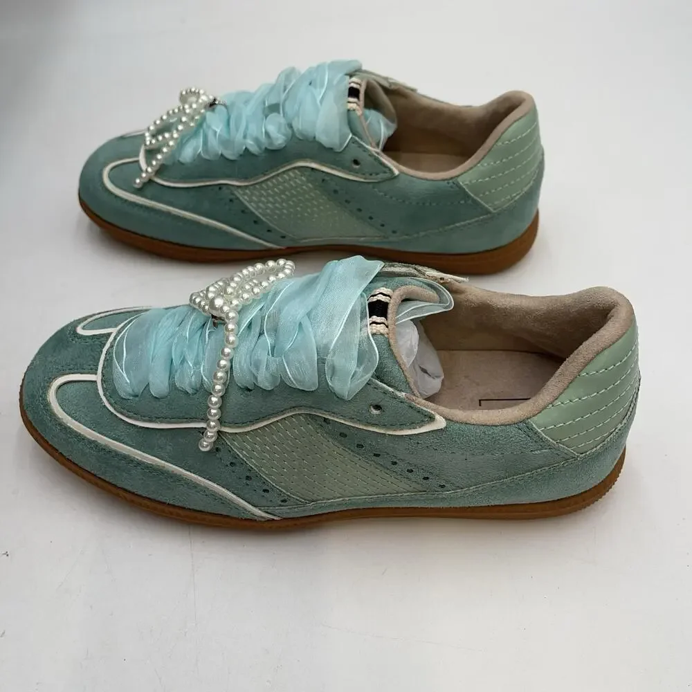 Aqua Suede Pearl Beaded Shoes Womens Low Top Casual Sneakers Sophie Size 6